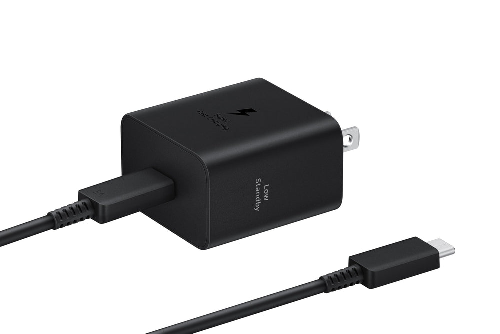 Samsung 45W wall charger front view, compact design for fast charging on the go.