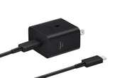 Samsung 45W wall charger front view, compact design for fast charging on the go.