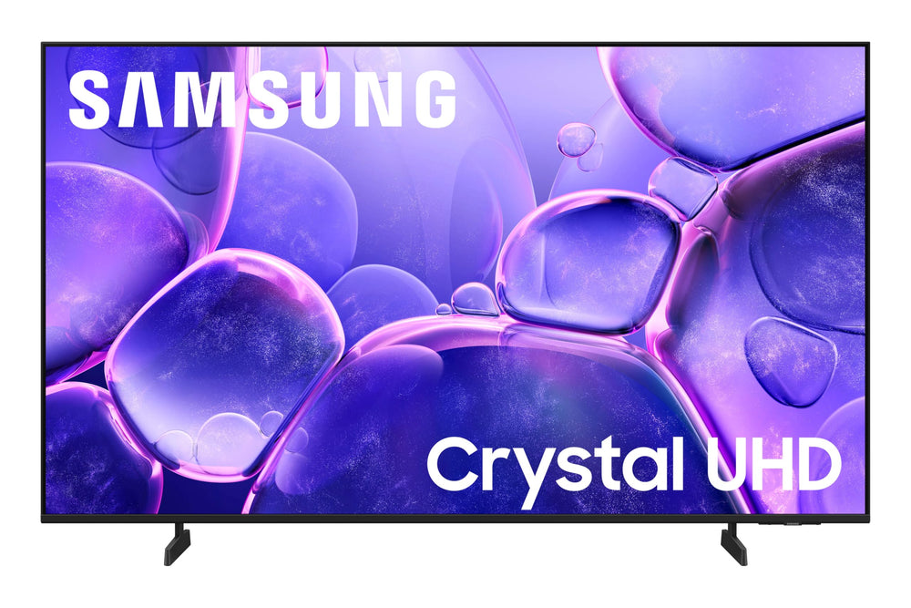 Samsung 55 inch Crystal UHD U8000F front view shows slim metal design for a sleek living room setup