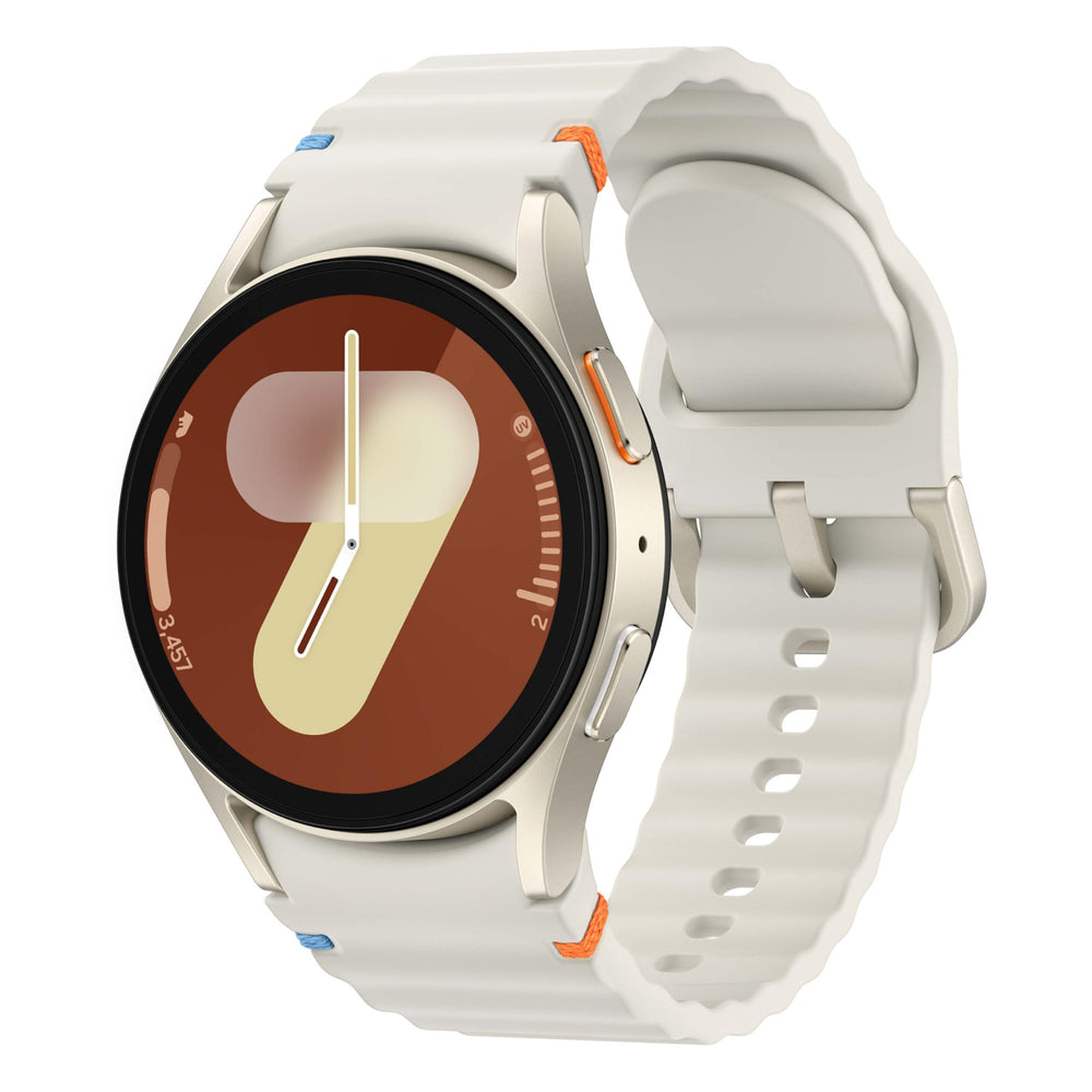 Samsung Galaxy Watch7 front view in cream for all-day wear.