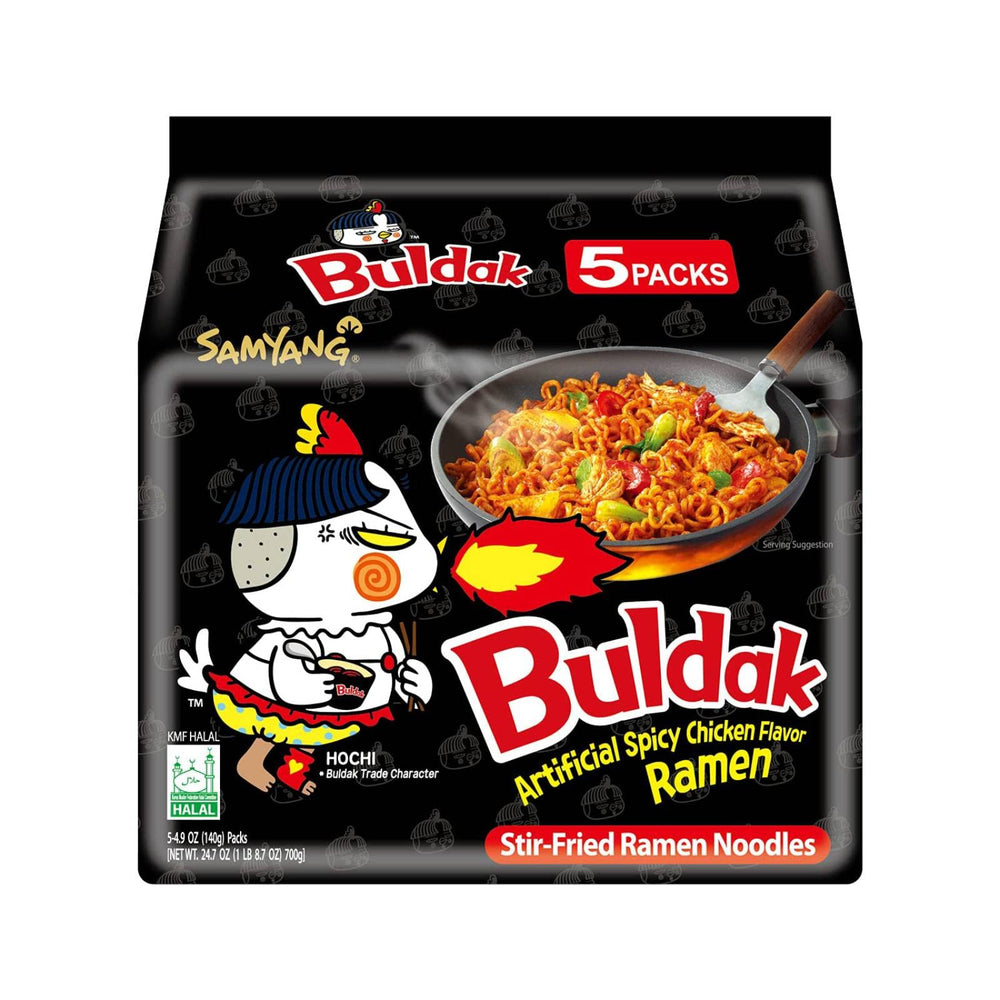 Samyang Buldak hot spicy chicken ramen pack of five for quick, flavorful meals.