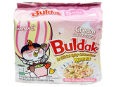 Samyang Cream Carbonara Buldak noodles close-up; chewy texture for easy weeknight dinners.