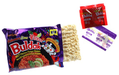 Samyang Habanero Lime Buldak Pack 5 sauce packet display suggests customizable spice with add-ins.
