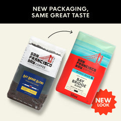 San Francisco Bay Bay Bridge Blend whole bean closeup highlights cocoa and berry notes.