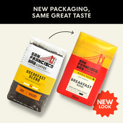San Francisco Bay Breakfast Blend ground coffee in bag highlighting sustainable sourcing.