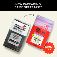 San Francisco Bay Decaf French Roast coffee beans ready to grind