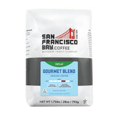 San Francisco Bay Decaf Gourmet Blend bag shows 28 oz packaging for home brew convenience