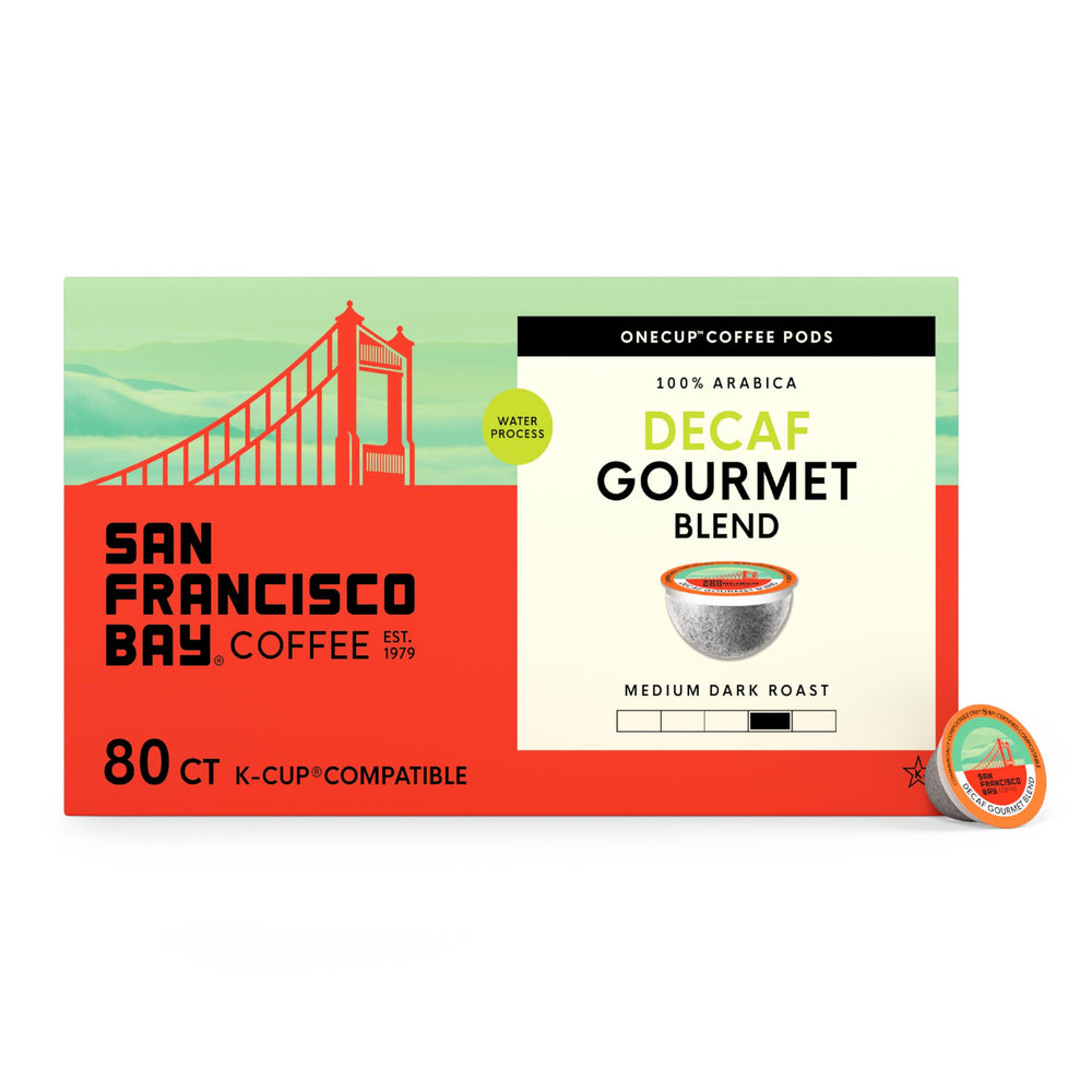 San Francisco Bay Decaf Gourmet Blend pod packaging for convenient Swiss Water decaf.