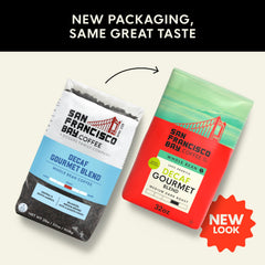San Francisco Bay decaf label and packaging, eco-friendly choice for everyday coffee.