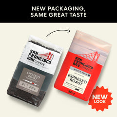 San Francisco Bay Espresso Roast packaging highlights sustainable sourcing.