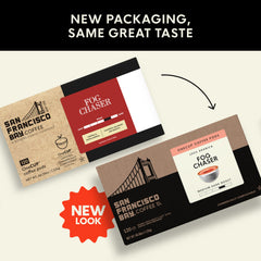 San Francisco Bay Fog Chaser box displaying packaging for quick single-serve brewing.