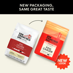 San Francisco Bay Fog Chaser coffee beans highlight quality 100 percent Arabica.