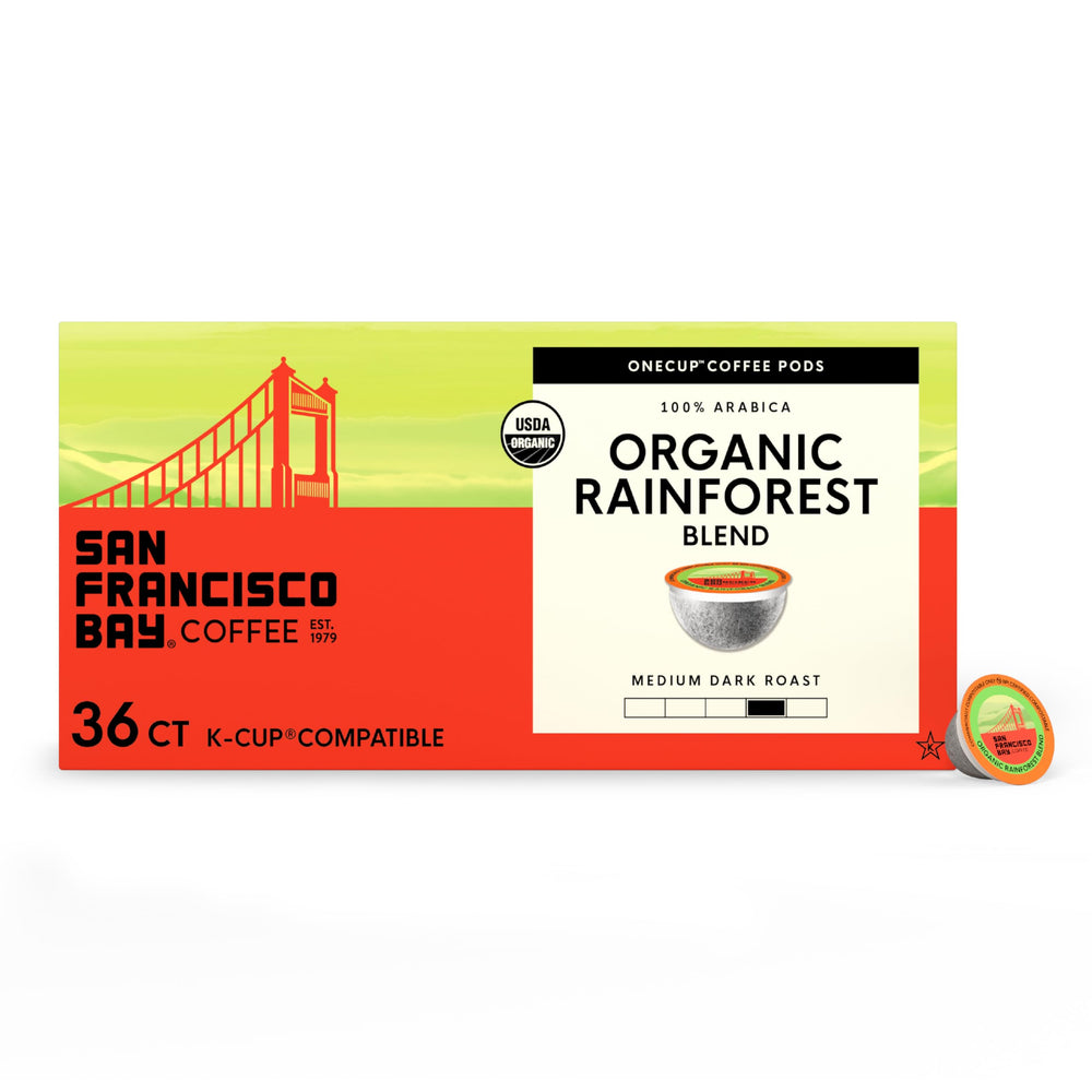 San Francisco Bay Organic Rainforest Blend pod highlights convenient single-serve brewing.