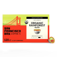 San Francisco Bay Rainforest Blend pods in packaging showing sustainable single-serve convenience.