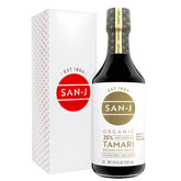 San-J Organic Gluten Free Tamari bottle close-up shows deep amber color for dipping