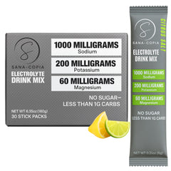 SANA-COPIA electrolyte lemon-lime packets close-up for sugar-free hydration on the go.