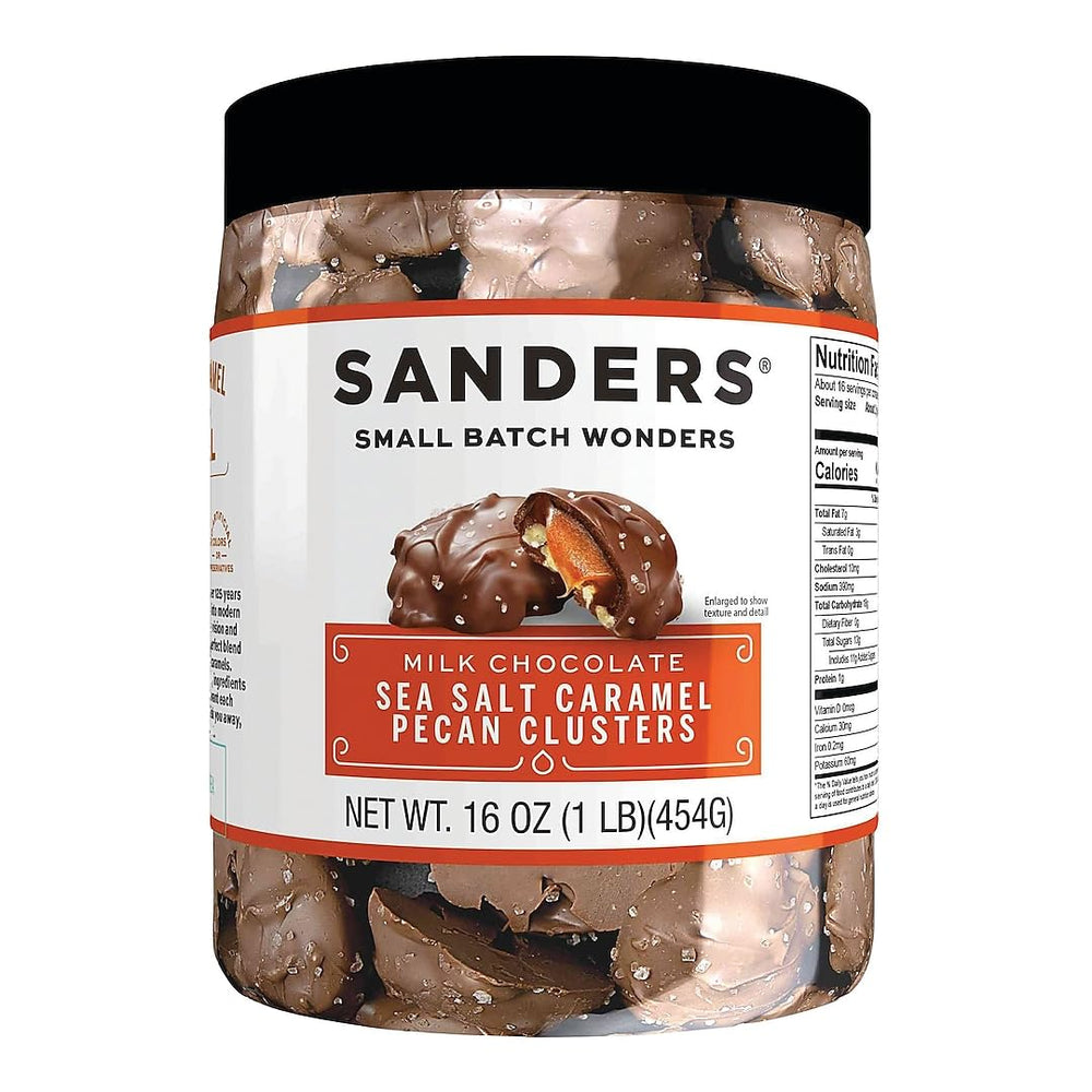 Sanders milk chocolate sea salt caramel pecan clusters in 16 oz tub, ideal for gifting