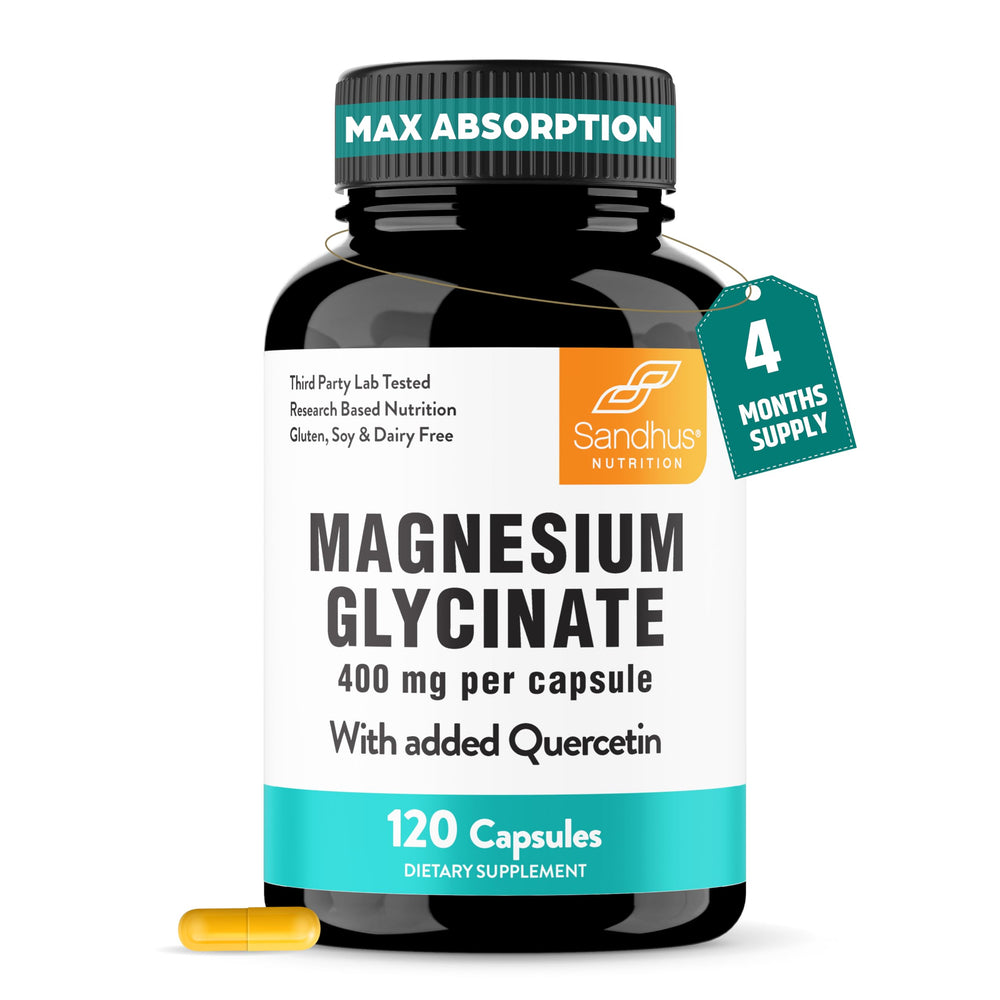 Sandhu's magnesium glycinate 400mg bottle highlights high-absorption formula for restful nights.