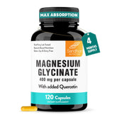 Sandhu's magnesium glycinate 400mg bottle highlights high-absorption formula for restful nights.