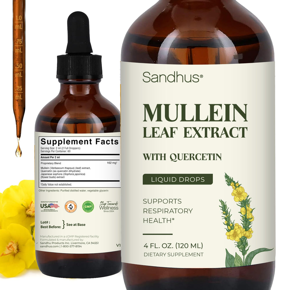 Sandhu's Mullein Drops bottle with dropper for simple daily dosing