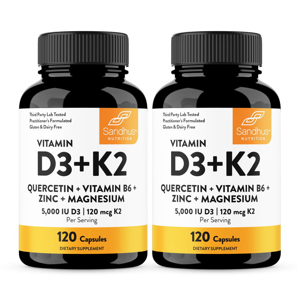 Sandhu's Vitamin D3 K2 Magnesium bottle shows energy and bone support.