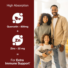 Close-up of Sandhu's Zinc Quercetin capsules; compact vegetarian capsules for daily use.