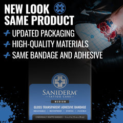 Saniderm bandage on skin demonstrates ready-to-apply protection for healing.