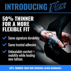 Saniderm Flex matte finish bandage close-up showing non-glare surface for tattoos.