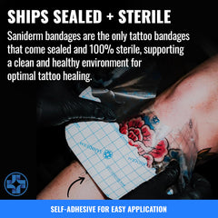 Waterproof Saniderm bandage shown during shower to protect ink.