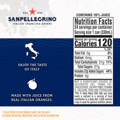 Sanpellegrino Aranciata can closeup highlights natural juice and absence of artificial sweeteners.