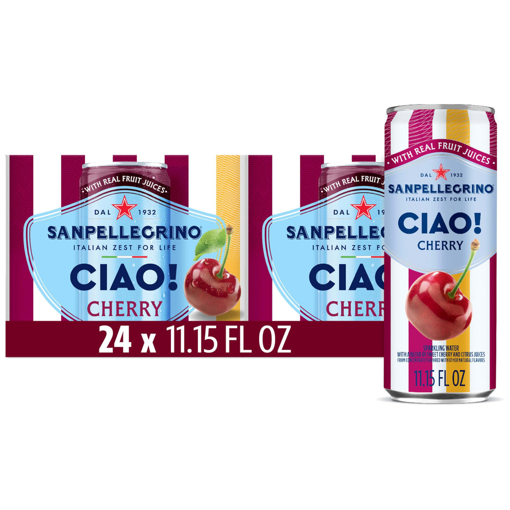 San Pellegrino CIAO cherry sparkling water can close-up, refreshing cherry flavor, ideal for a light break