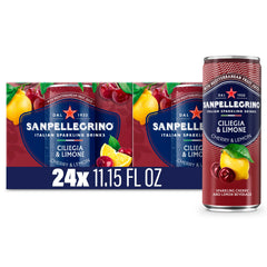 Sanpellegrino Ciliegia Limone bottle pour with bright bubbles, ideal for a refreshing gathering.