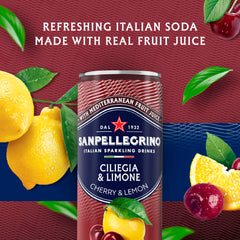 Ciliegia Limone label detail on a Sanpellegrino bottle showing Italian heritage and quality.