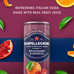 Close up of Sanpellegrino Melograno Arancia can highlighting real juice from concentrate
