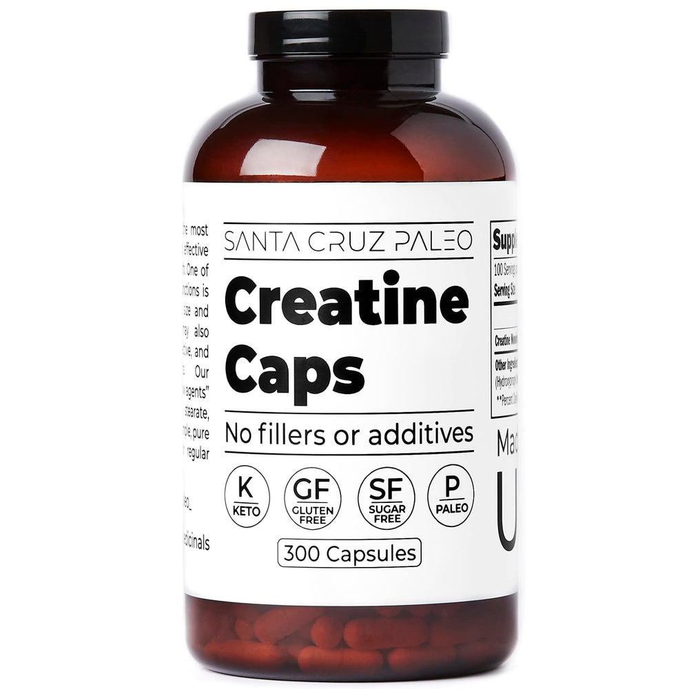 Santa Cruz Paleo Creatine bottle front view highlighting energy support for workouts.