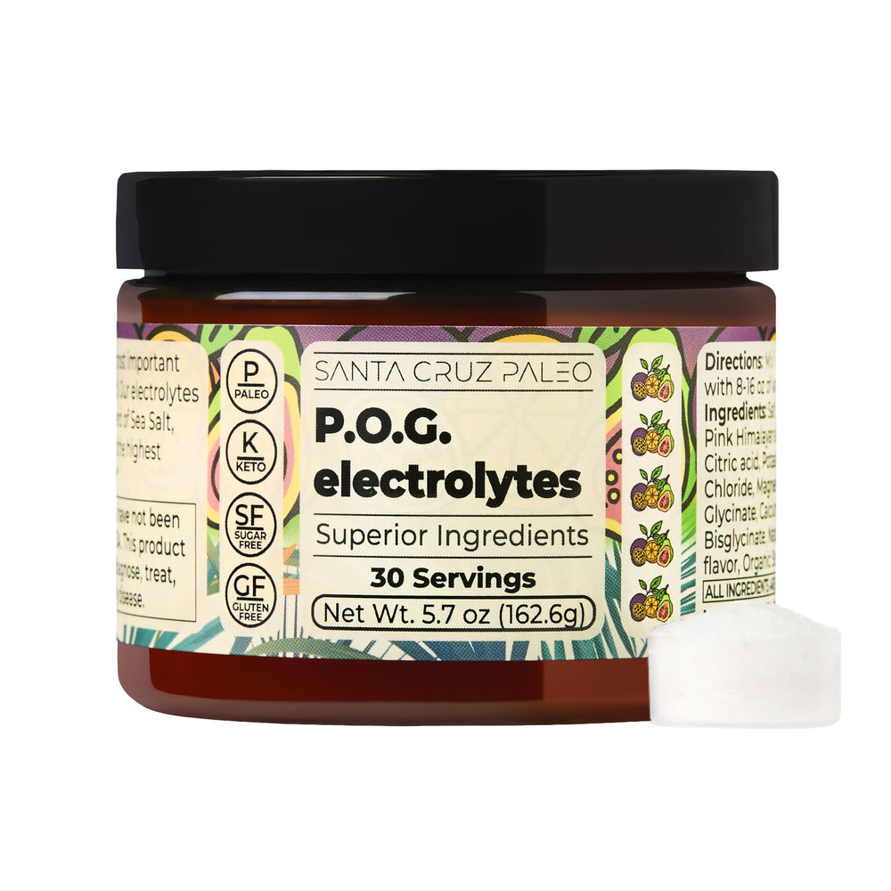 Santa Cruz Paleo Electrolyte Powder Pog bottle with clear label for on-the-go hydration.