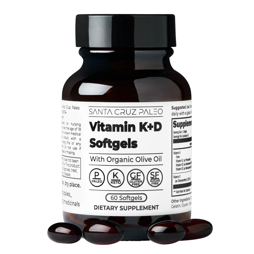 Santa Cruz Paleo Vitamin K2 D3 softgel bottle showing two K forms with olive oil base