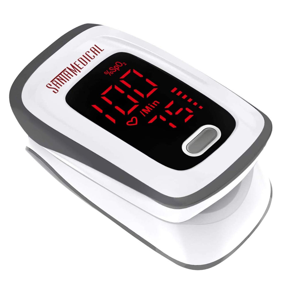 Santamedical Fingertip Pulse Oximeter display shows SpO2 and pulse rate in real time