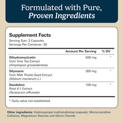 Santo Remedio ingredients label showing milk thistle, dandelion root, and DHM for detox support.
