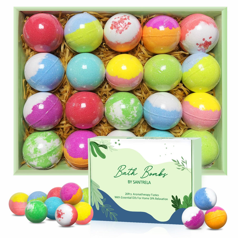 Santrela bath bombs 20-pack deliver vibrant fizz for a colorful bath experience.