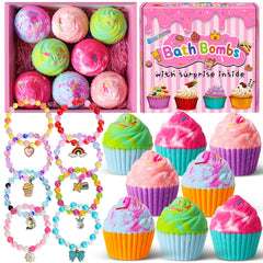 Santrela cupcake bath bomb with surprise bracelet inside for kids' bath time fun.