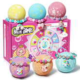 Sanyi Unicorn Bath Bombs set reveals bracelet inside during bath time.