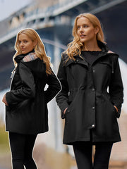 SaphiRose rain jacket back view highlighting hip-length coverage.