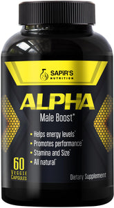 Sapir's Nutrition Alpha Testosterone Booster bottle supports daily energy and focus
