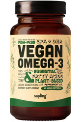 Sapling vegan omega-3 softgels bottle, may support heart and brain health.