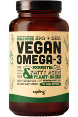 Sapling Vegan Omega-3 bottle front shows US-grown algae providing DHA and EPA.