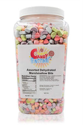 Sarah's Candy Factory assorted dehydrated marshmallow bits in a jar, colorful dessert toppings.