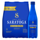 Saratoga Sparkling Water 16oz cobalt blue bottle in a 6-pack for on-the-go refreshment.
