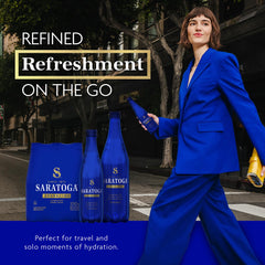 Saratoga Sparkling Water bottle made from 100 percent recycled plastic.