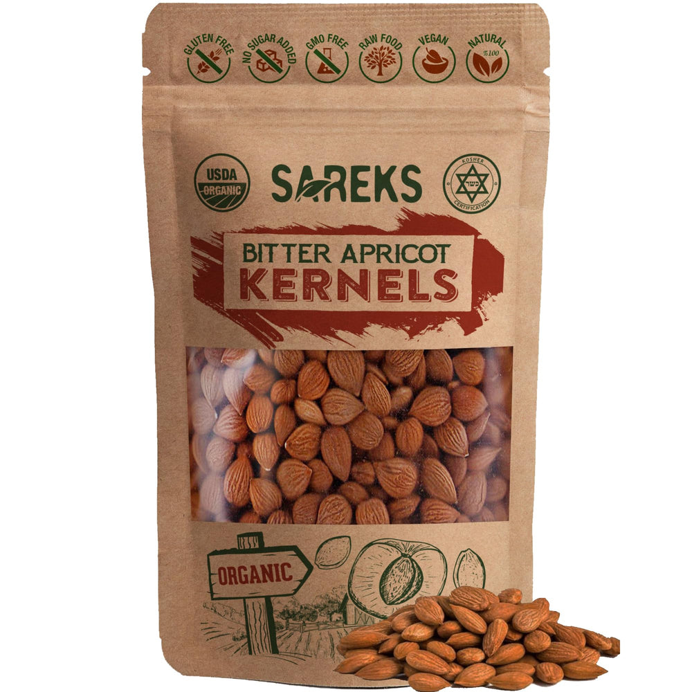 SAREKS Bitter Apricot Kernels in a resealable bag for fresh storage and quick access